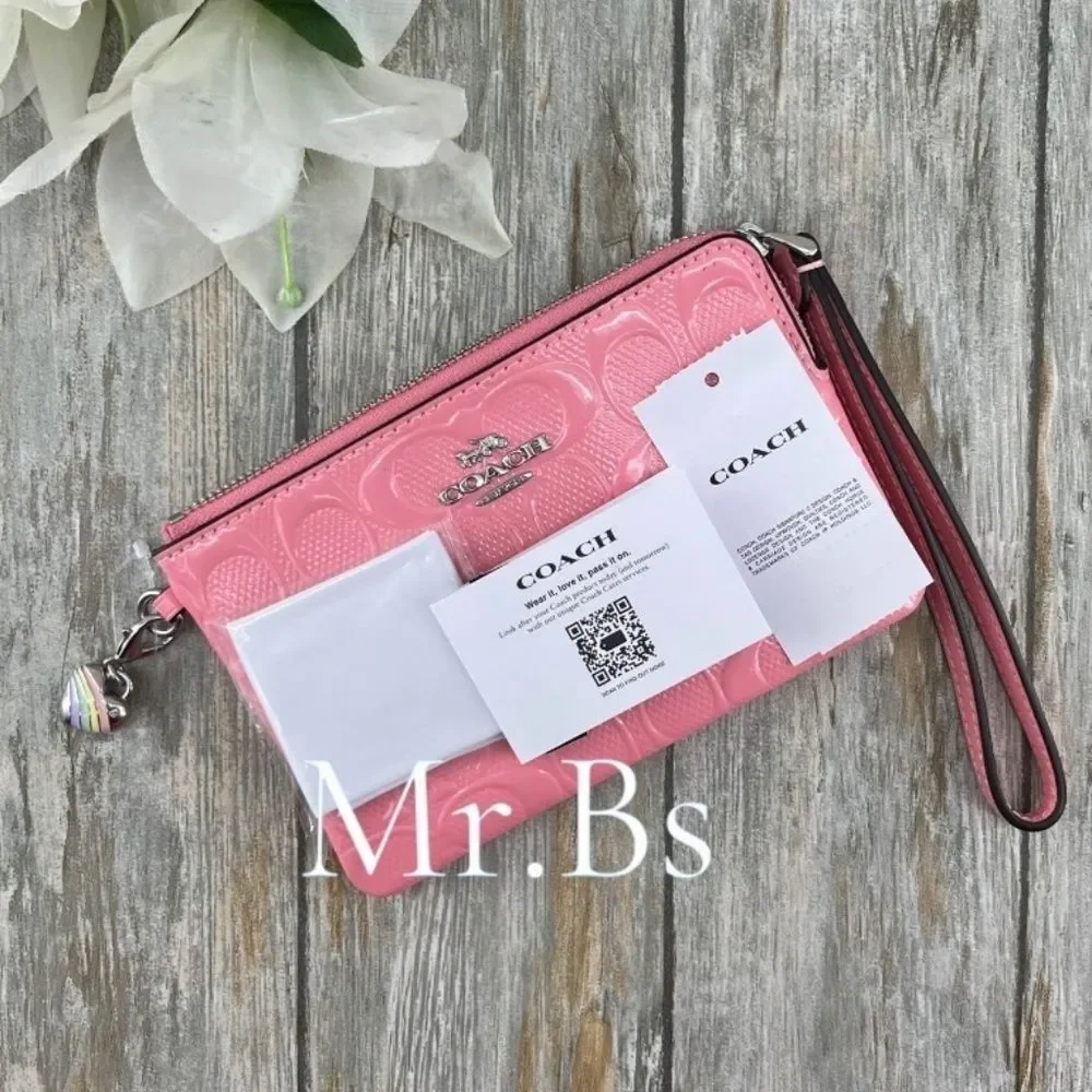 Coach Corner Zip Wristlet In Pink Signature Leather  With Heart Charm Wallet